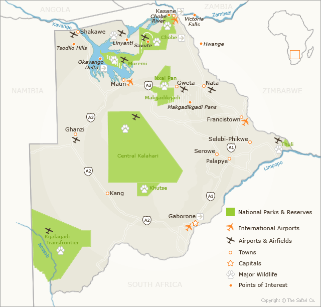 map of camping holidays in botswana
